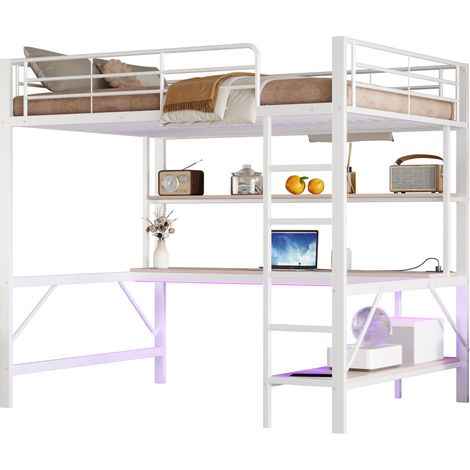 Lit mezzanine 140x200 cm blanc avec bureau, étagères, LED d’ambiance, prise USB et sécurité renforcée pour enfant - CHICFURN (1/5)