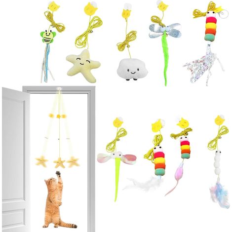 8PCS Jouets Suspendus Pour Chat à Porte - Jouets Pour Chaton en Corde élastique Adaptés à l'Exercice en Intérieur Avec Plumes et Cloches - Amusants (1/5)