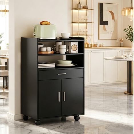 Mobile microonde su ruote con armadio, cassetto e ripiani, 59x40x92 cm, nero OKMYHOME (1/5)