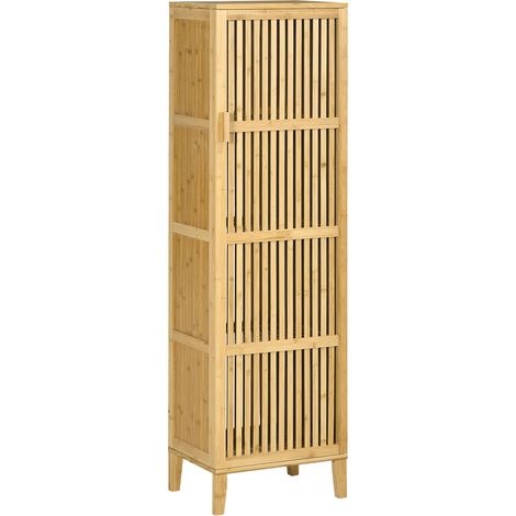 Mobile contenitore in bambù con ripiani e anta a doghe per bagno, camera da letto, soggiorno, 40 x 30 x 140 cm