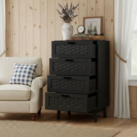 Kommode 55x40x95 cm Holz mit 4 Rattan Schubladen, Schwarze Metallgriffe und Füße, Vintage Rustikal, Schwarz