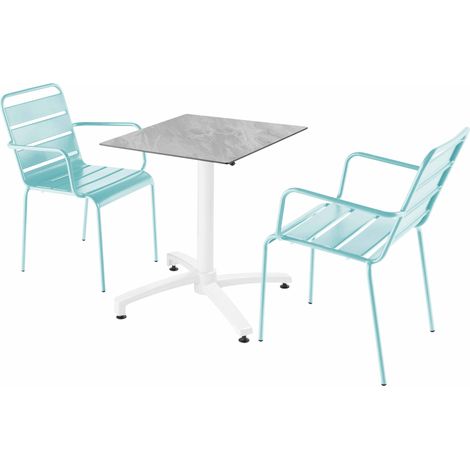 Ensemble table de terrasse stratifié marbre et 2 fauteuils turquoise (1/5)