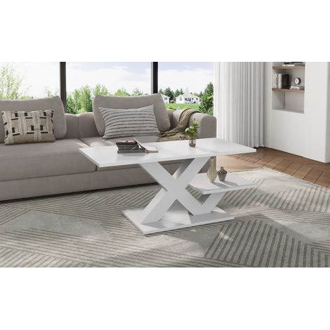 Tavolino da caffè bianco in MDF con doppio piano e gambe geometriche a X, 100 x 48 x 45 cm (1/5)