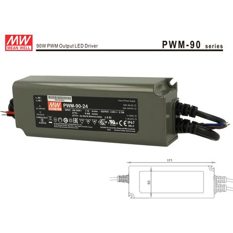 Alimentatore Led MW MEAN WELL PWM-90-24 Dimmerabile 90W 24V IP67 Dimming 3 in 1 0-10V 10V PWM Resistance (1/3)