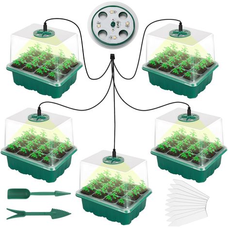 5 Pièces Bac à semis, 60 cellules, Plateau de culture, Lumière de croissance, Couvercle ajustable, Kit germination intérieur (1/5)