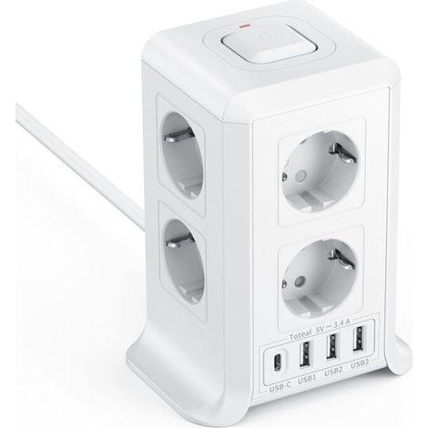 Multiprise avec interrupteur - 8 prises secteur et 4 ports USB - convient aux bureaux et aux salons - câble de 2 mètres, blanche. (1/5)