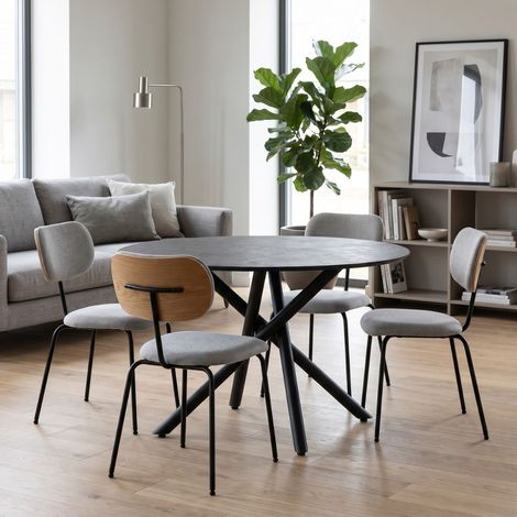 Table ronde design + 4 chaises tissu gris et métal noir - AMAEL (1/5)