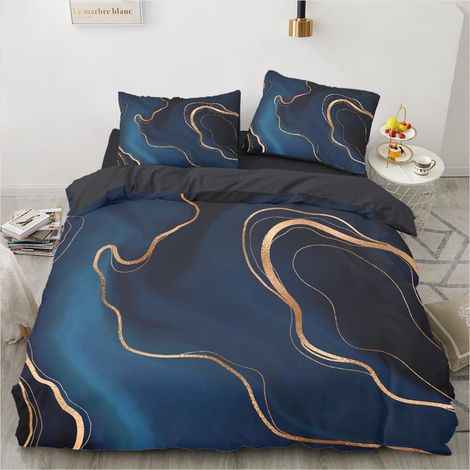 Bettwäsche-Set 135x200cm Marmor Design Blau Gold 3D Effekt Mikrofaser