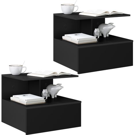 WOLTU Nachtschrank schwebender 2er Set, Nachttisch hängend, Nachtkästchen, offenem Fach, Wandkonsole Hängeschrank, Nachtkommode Wandschrank, aus Holzwerkstoff, 40x31x35cm, Schwarz (1/5)