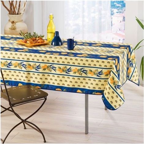 Nappe Provençale Rectangle Anti-Tâche 100% Polyester - Citron - 240 x 150 cm - bleu (1/3)