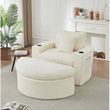 Divano lounge modulare in velluto a coste beige con pouf, contenitore e portabicchieri - CHICFURN (1/5)
