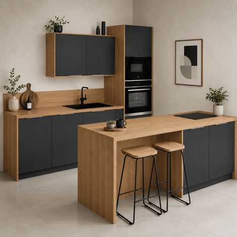 Pack cuisine parallèle – meubles bas et hauts+ Plan de travail + Crédence + Accessoires - Gris anthracite & Bois (1/5)