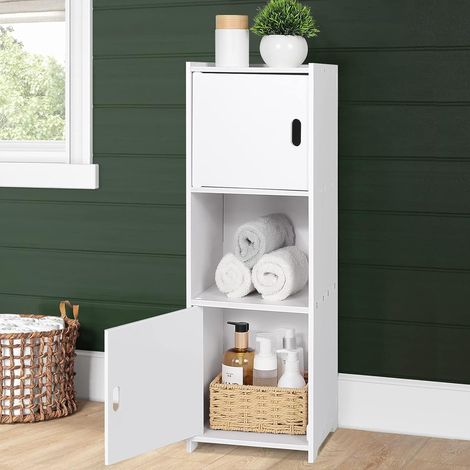 Skecten – Armoire de rangement salle de bain 2 portes – Panneau PVC imperméable – 1 compartiment ouvert et 2 étagères – Meuble multifonctionnel
