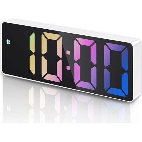 Réveil Matin Numérique avec Fonction Snooze avec Écran LED Affiche Température et Date, Commande Vocale, Alimenté par USB/Batterie, Boîtier Blanc et Chiffres Colorés (1/4)