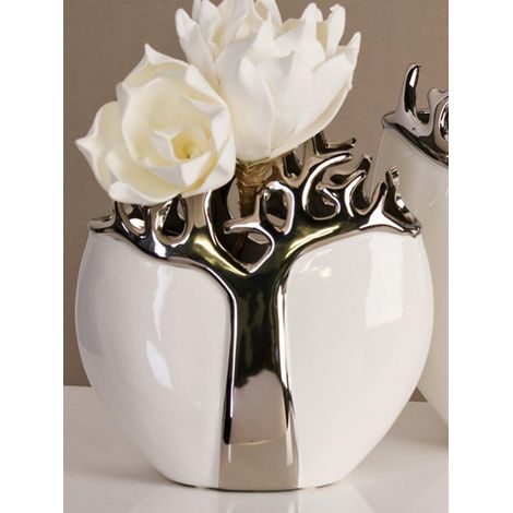 Lot de 1 vase céramique blanc argenté, design arbre métal, ouverture ovale, hauteur 21 cm, largeur 9 cm (1/3)