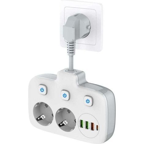 Regleta de un solo interruptor con 2 compartimentos, regleta con 3 interruptores, enchufe doble con 4 puertos USB, adaptador de enchufe con protección contra sobretensiones, bloqueo de seguridad para  (1/4)