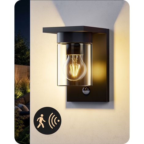 EDISHINE Wandleuchte außen mit Bewegungsmelder	 Aluminium und Klarglas	 IP44 wasserdicht	 E27 Fassung	 moderne Wandlampe für Haustür	 Fassade	 ohne Leuchtmittel	 Schwarz