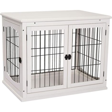 Hundehütte Hundehaus Transportbox Kleintierkäfig für Innen 81 x 58,5 x 66 cm aus MDF & Metall in Weiß, ideal für Haustiere (1/5)