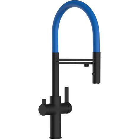 Rubinetto 3 vie miscelatore cucina Nero Opaco con canale separato per acqua filtrata, canna blu movibile e doccia due getti staccabile - Serie FC (1/5)