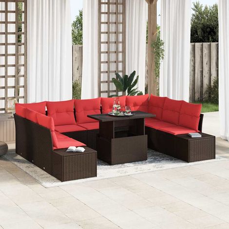 vidaXL Garten-Sofa-Set mit Kissen mit Speicher 10 pcs Braun und Rot (1/5)