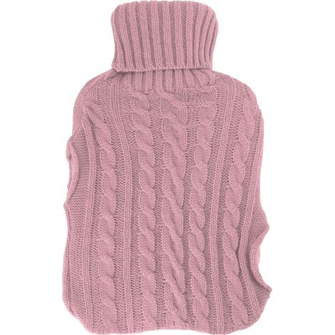 Bouillotte en caoutchouc anti-explosion – Rose – Grande bouillotte à double insertion mains, housse tricotée torsadée (1/5)