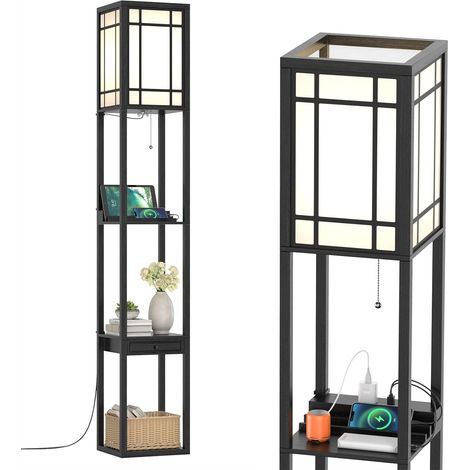 COSTWAY Lámpara de Pie con Repisas y Cajón/Lámpara Moderna con 2 Puertos USB, para Salón y Dormitorio (rejillas) (1/5)