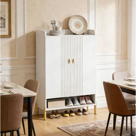 Scarpiera 75x36.5x110 cm bianco in legno e metallo con 6 ripiani regolabili e ante (1/5)