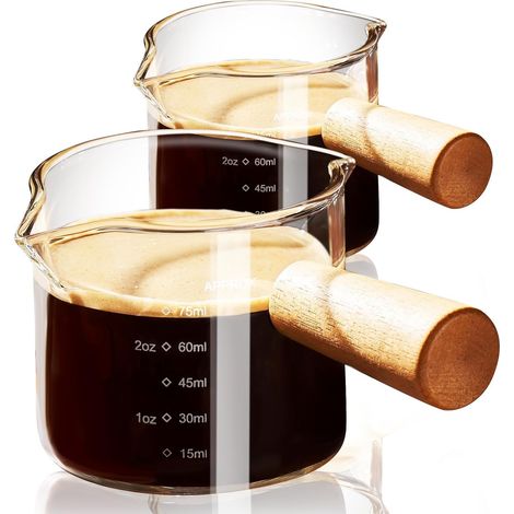 Lot de 2 Tasses à café, Verre borosilicate, Double bec verseur, Poignée en bois, Échelle double, Pour expresso