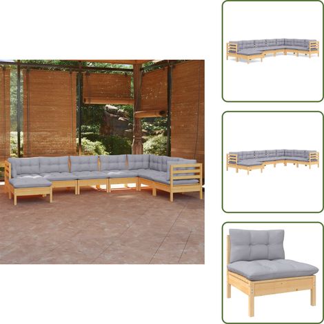 8-tlg. Garten-Lounge-Set mit Grauen Kissen Kiefer Massivholz - Garten Lounge Set - Kiefernholzmöbel - Outdoor Möbel - Gartengeräte - Loungemöbel