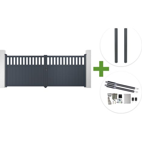 Portail battant 4m SANTIS H.160cm aluminium gris + 2 poteaux ELDA aluminium gris 15x15cm + motorisation Ranger B150 (1/5)