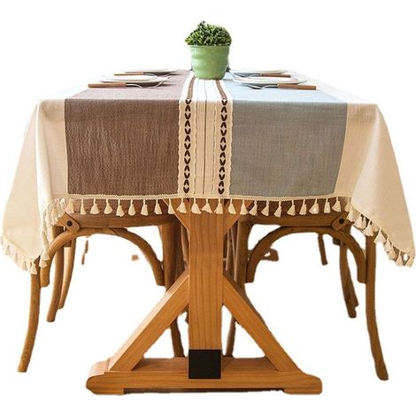 Nappe à pompons lavable en faux coton et lin – nappe rectangulaire anti-poussière pour la décoration de la cuisine (rayures bleues et marron, carrée, 140x140 cm, convient pour 4 personnes). (1/5)