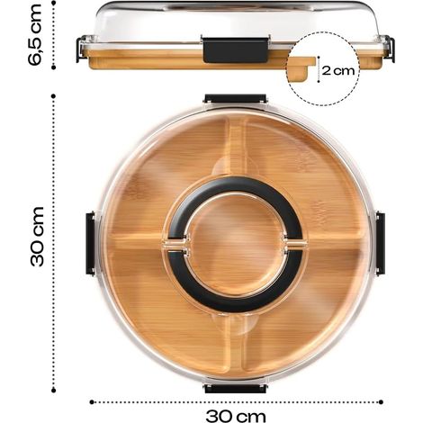 Plateau à Fromage en Bambou avec Couvercle – Planche de Service Portable pour Snacks & Tapas, Rond Planche à Découper avec Couvercle pour Cuisine & Pique-Nique, 30 x 30 x 6,5 cm (1/5)
