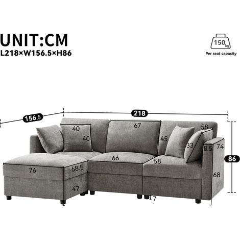 Canapé d’angle modulable 3 places en chenille avec pouf amovible, accoudoirs réglables et coussins, pour salon ou appartement (gris foncé)