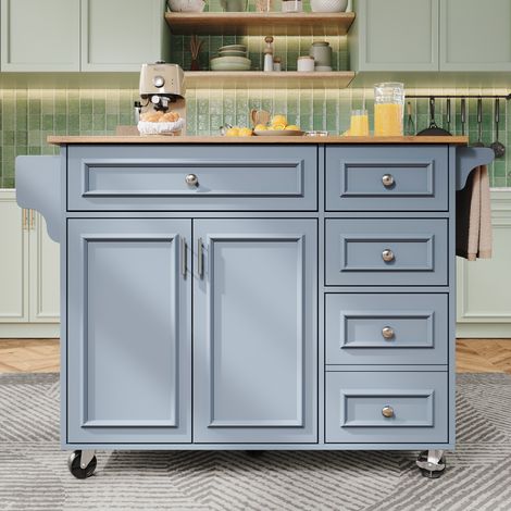 Îlot cuisine bleu 110×45-75×92cm style vintage,placard amovible,table à manger multifonction avec grand espace de rangement.