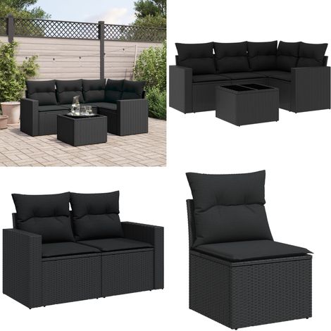 Salon de jardin 5 pcs avec coussins noir résine tressée - Ensemble Salon De Jardin - Meuble De Jardin - Salon Exterieur - Résine Tressée - Rotin Synthétique - Home & Living (1/5)