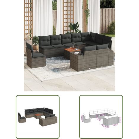 The Living Store 11-tlg. Garten-Sofagarnitur mit Kissen Grau Poly Rattan - Gartenmöbel Set - Esstisch - Lounge Möbel - Outdoor Möbel - Rattan Gartenmöbel (1/3)