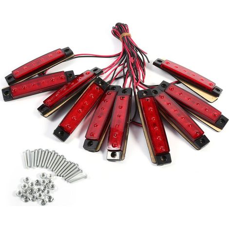 Lot de 10 feux de gabarit latéraux pour remorque, 6 LED, 24 V, indicateurs rectangulaires pour camion, van, caravane, camion (rouge) (1/4)