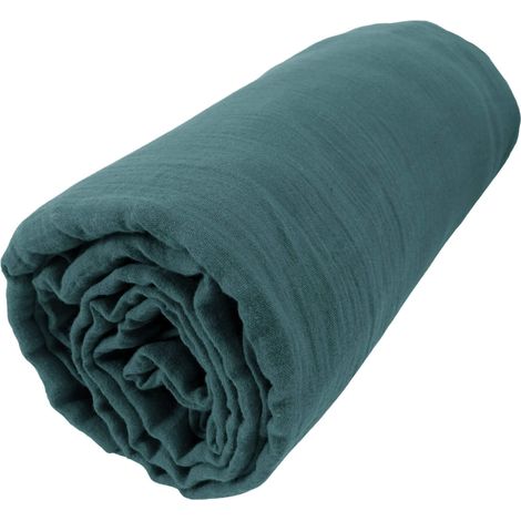 Drap housse bonnet 30 cm 100% gaze de coton unie bleu canard 200x200 cm