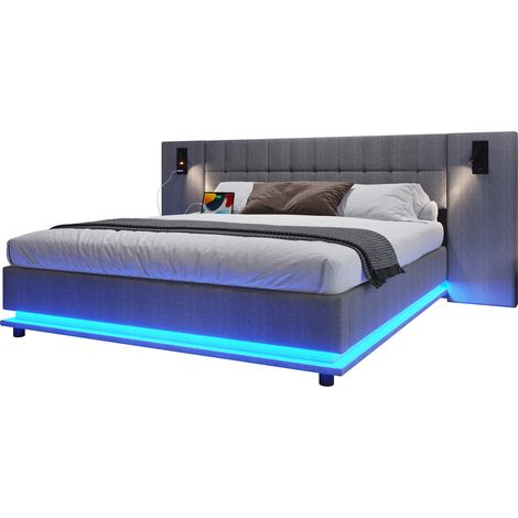Lit capitonné 180 x 200 cm avec LED multicolore, spot de tête de lit, port USB, sans matelas, tissu gris - CHICFURN (1/5)