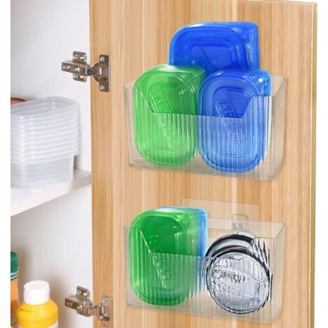 Lot de 2 organiseurs adhésifs pour portes d'armoires, organiseurs transparents pour couvercles de placards, organiseurs muraux pour portes de garde-manger, paniers de cuisine sous évier (transparents) (1/4)