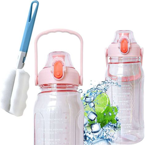 Botella con pajita para beber agua de 1,5 l, motivacional, con recordatorio, con vaso medidor motivacional, con asa, rosa + cepillo de lavado (1/5)