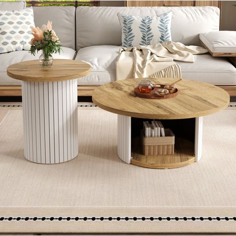 Table basse ronde 75x75x50 cm et 45x45x35 cm naturelle en MDF avec rangements et bords arrondis (1/5)