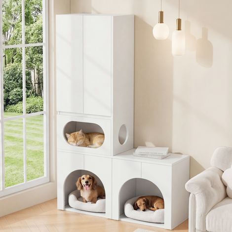 Armario para arenero de gatos, armario para mascotas, armario de almacenamiento para mascotas, para 2 areneros, con rascador y zona de descanso, armario para mascotas para gatos y perros, blanco, 140
