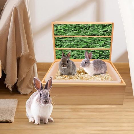 Wooden Hay Rack for Guinea Pig 2 in 1 Rabbit Ratelier with Removable Plastic Litter Tray Grass Food Holder for Small Animals 43 x 13.5 x 31.5 cm (1/5)