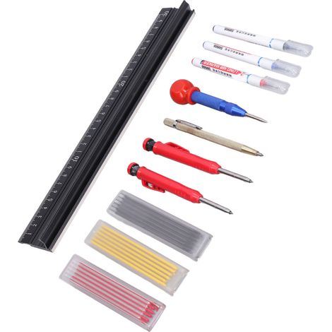 Kit d'outils de positionnement de trous pour le travail du bois : poinçon central, stylo à tracer, recharge, outil de marquage et de positionnement. (1/5)