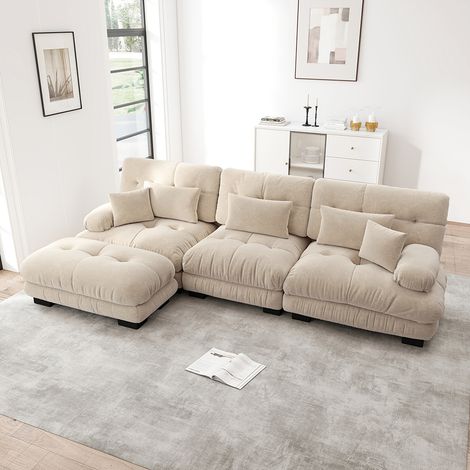 Canapé extra-large en L, adapté au salon, avec repose-pieds, velours côtelé- Beige (1/5)