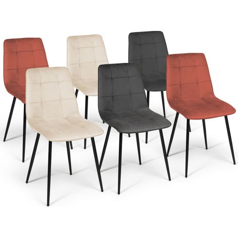 Idmarket – Lot de 6 chaises MILA en velours – Mix color terracotta, gris foncé, beige – Dossier haut 45 cm – Pieds métal noir mat