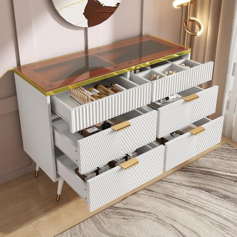 Kommode Sideboard aus Bernstein Glas, Kommode mit 6 Schubladen,Facheinteilung, kippsicher, Hochschrank für Schlafzimmer und alle Wohnräume, 120 x 40 x 76 cm, weiß (1/5)