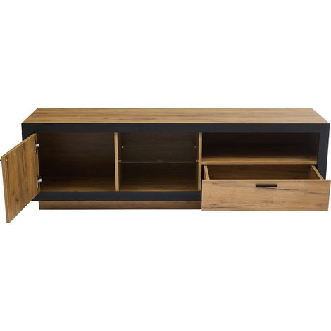 Modernes LED-TV-Möbel mit Glasablagen 160 x 40 x 50 cm, Schwarz und Eiche (1/5)