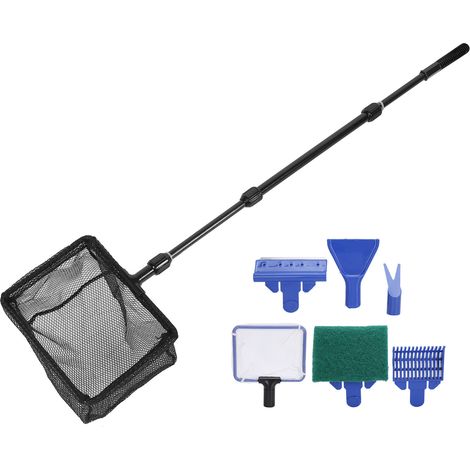 Kit de nettoyage 6 en 1 pour aquarium : épuisette, brosse, grattoir à algues, râteau à gravier et fourche. (1/5)